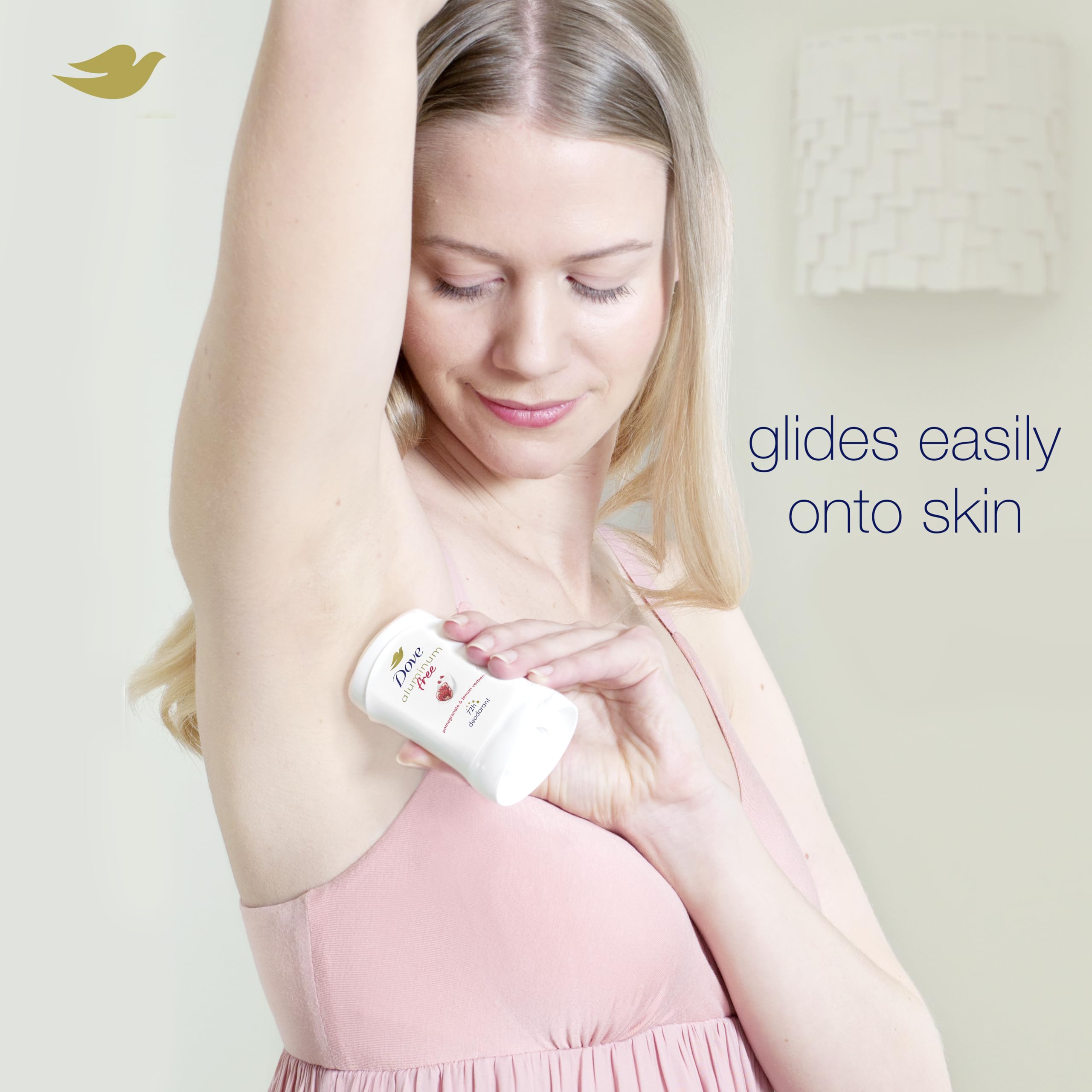 Dove 0-percent aluminum deodorant stick scent swirl conveys pomegranate-verbena freshness.