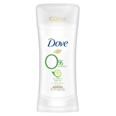 Dove 0percent aluminum deodorant packaging highlights cucumber green tea fresh scent.