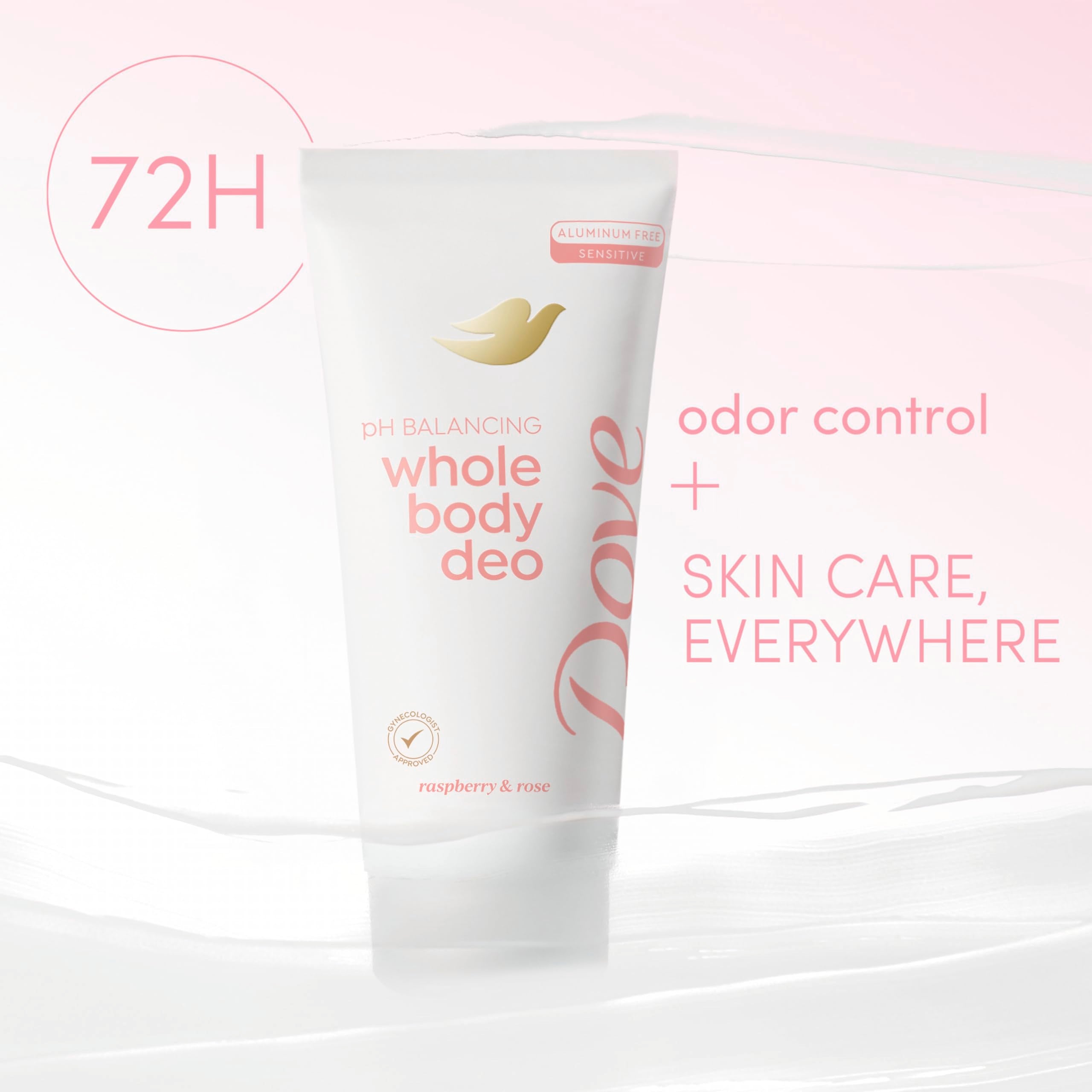 Dove 72h odor-control packaging shows invisible formula on surface.