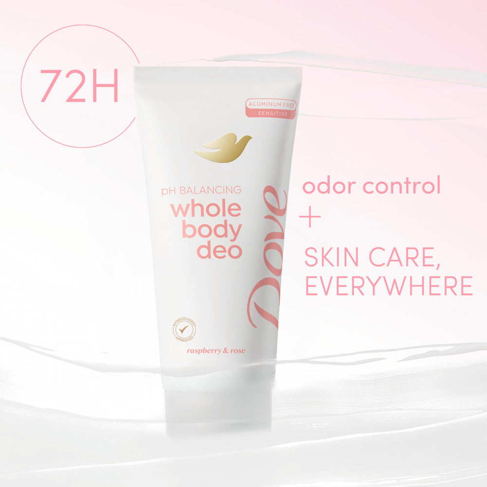 Dove 72h odor-control packaging shows invisible formula on surface.