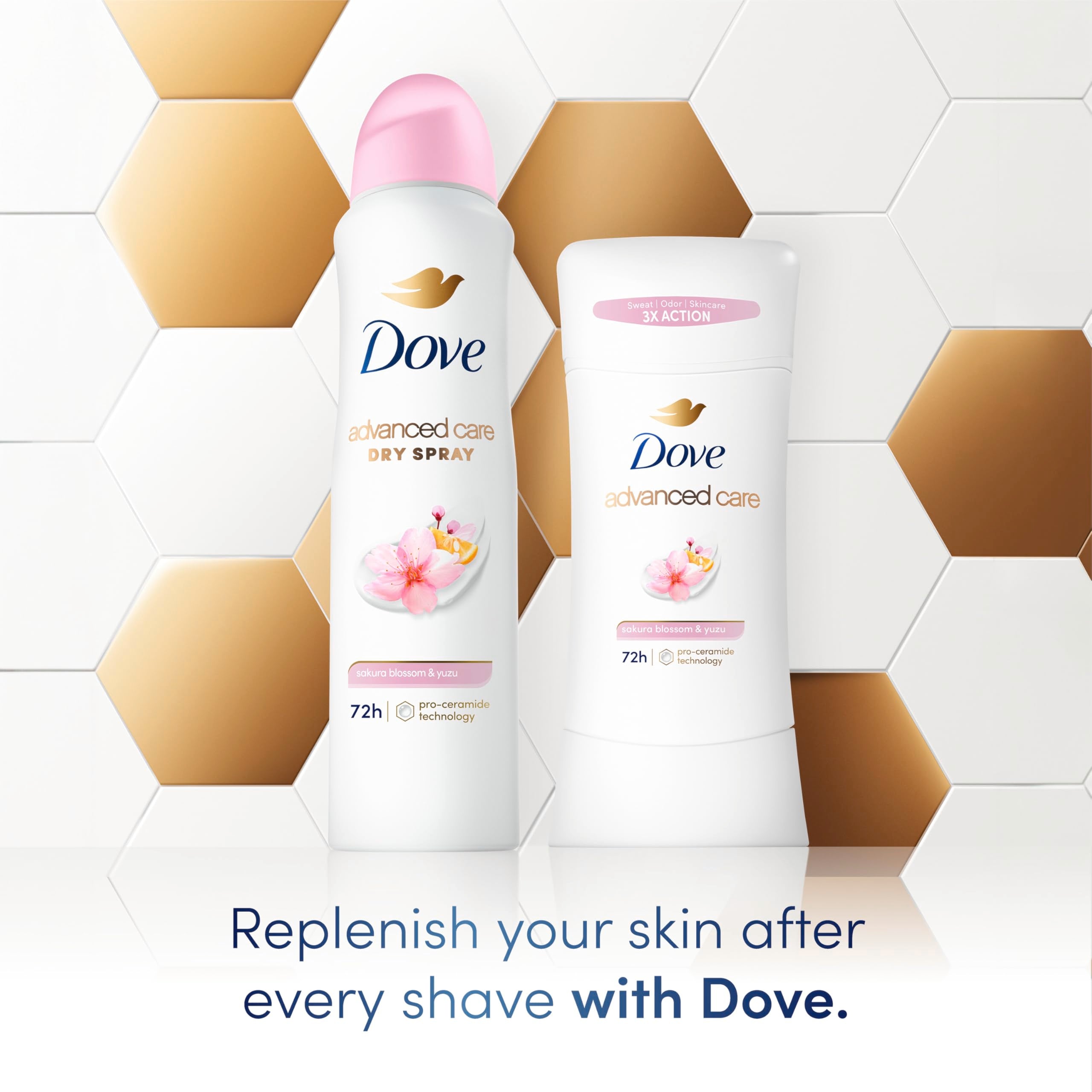 Dove three-pack packaging image improving convenience for daily underarm care.