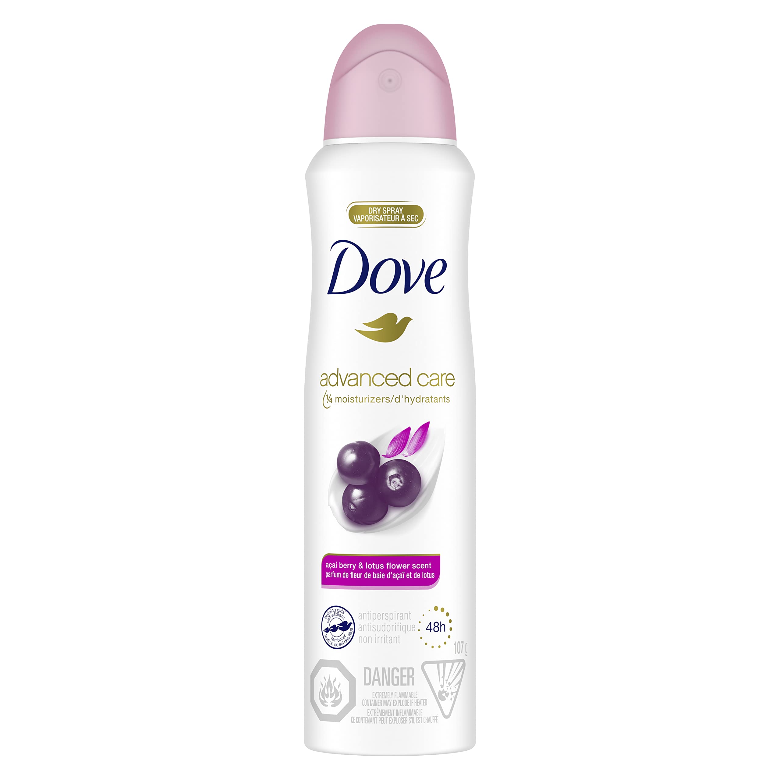 Dove Advanced Care dry spray bottle with acai berry and lotus notes for fresh all-day confidence.