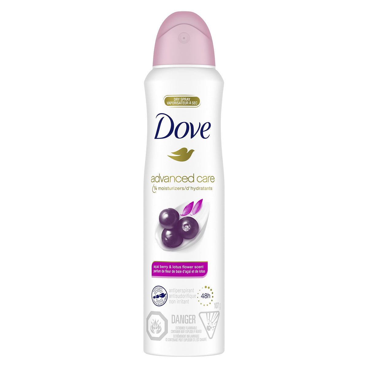 Dove Advanced Care dry spray bottle with acai berry and lotus notes for fresh all-day confidence.