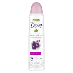 Dove Advanced Care dry spray bottle with acai berry and lotus notes for fresh all-day confidence.