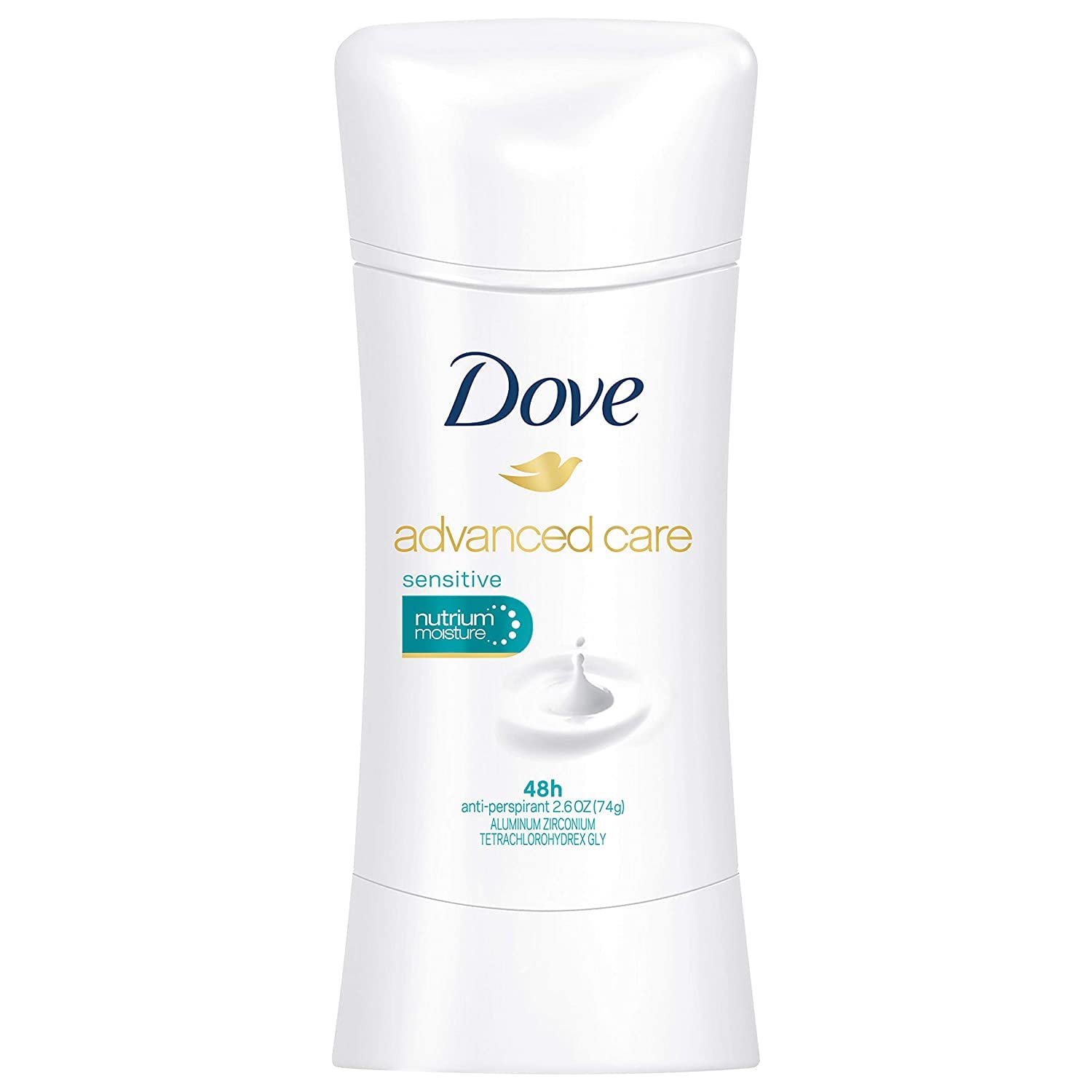 Dove Advanced Care Antiperspirant Sensitive bottle offers gentle, long-lasting protection for sensitive skin.