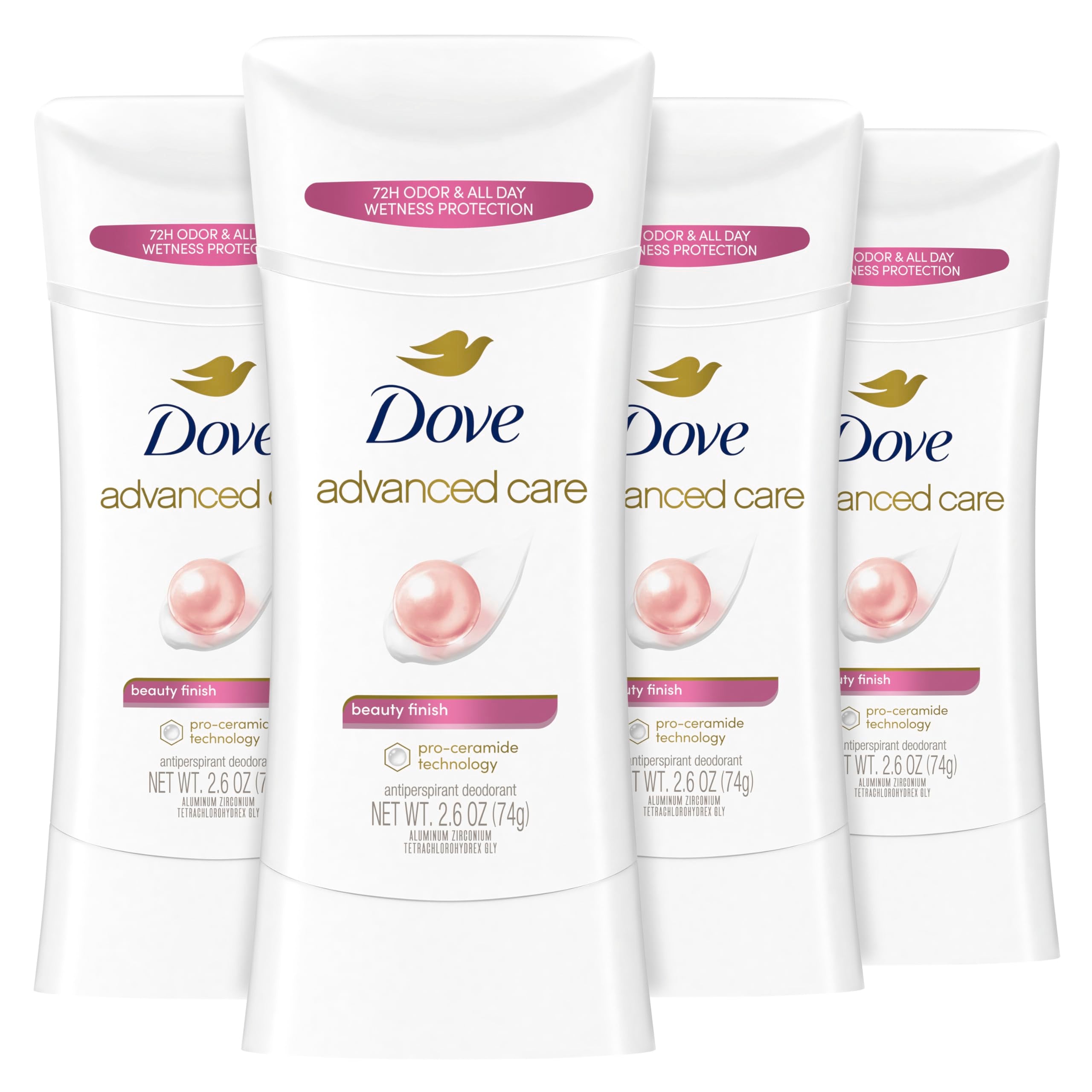 Dove Advanced Care Beauty Finish stick packaging shows a 4-count box with 2.6 oz bars for daily use.