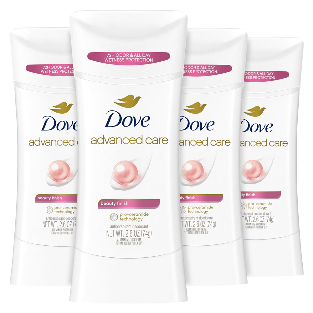 Dove Advanced Care Beauty Finish stick packaging shows a 4-count box with 2.6 oz bars for daily use.