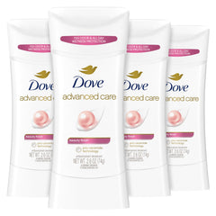 Dove Advanced Care Beauty Finish stick packaging shows a 4-count box with 2.6 oz bars for daily use.