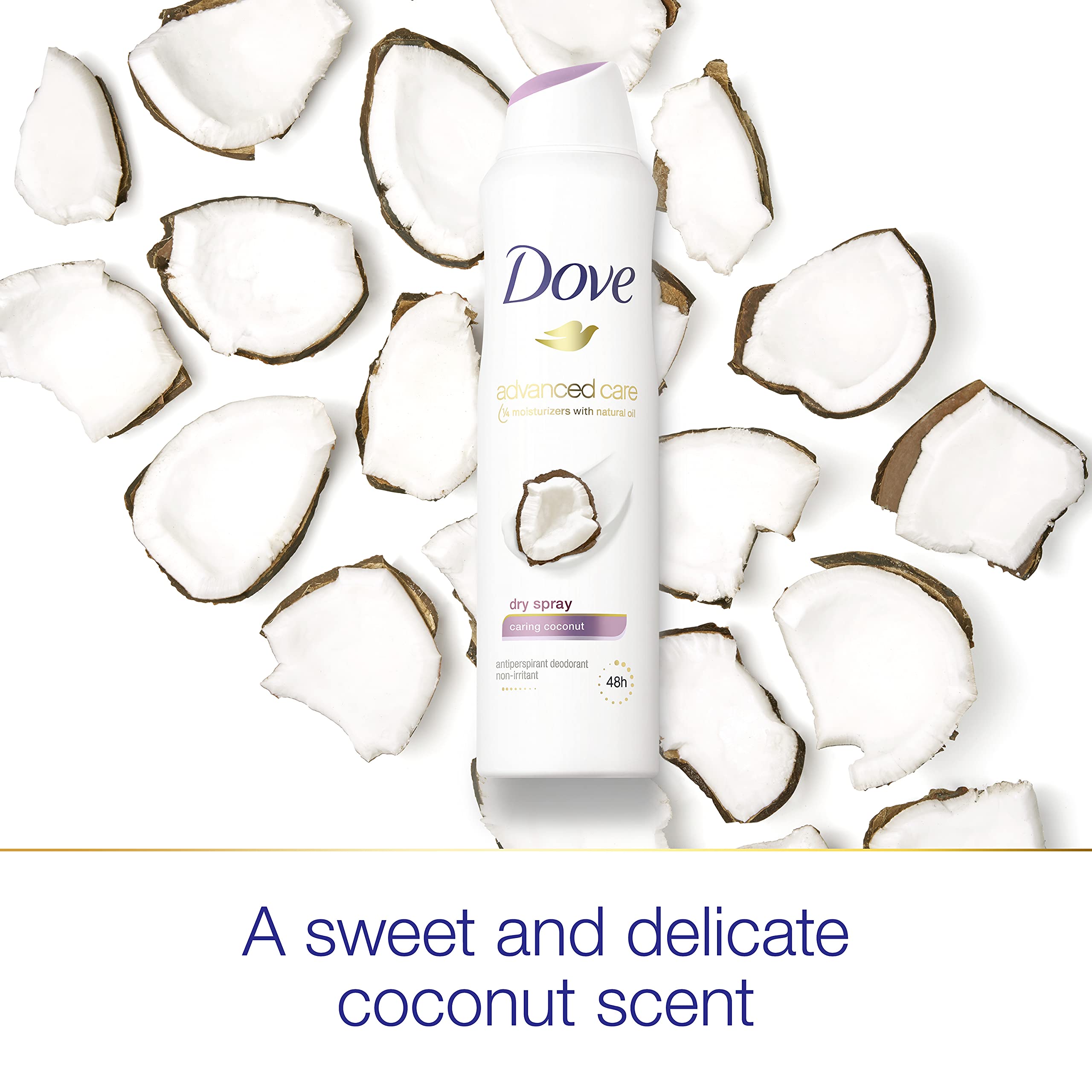 Dove Advanced Care Caring Coconut dry spray on dry skin for a soft feel