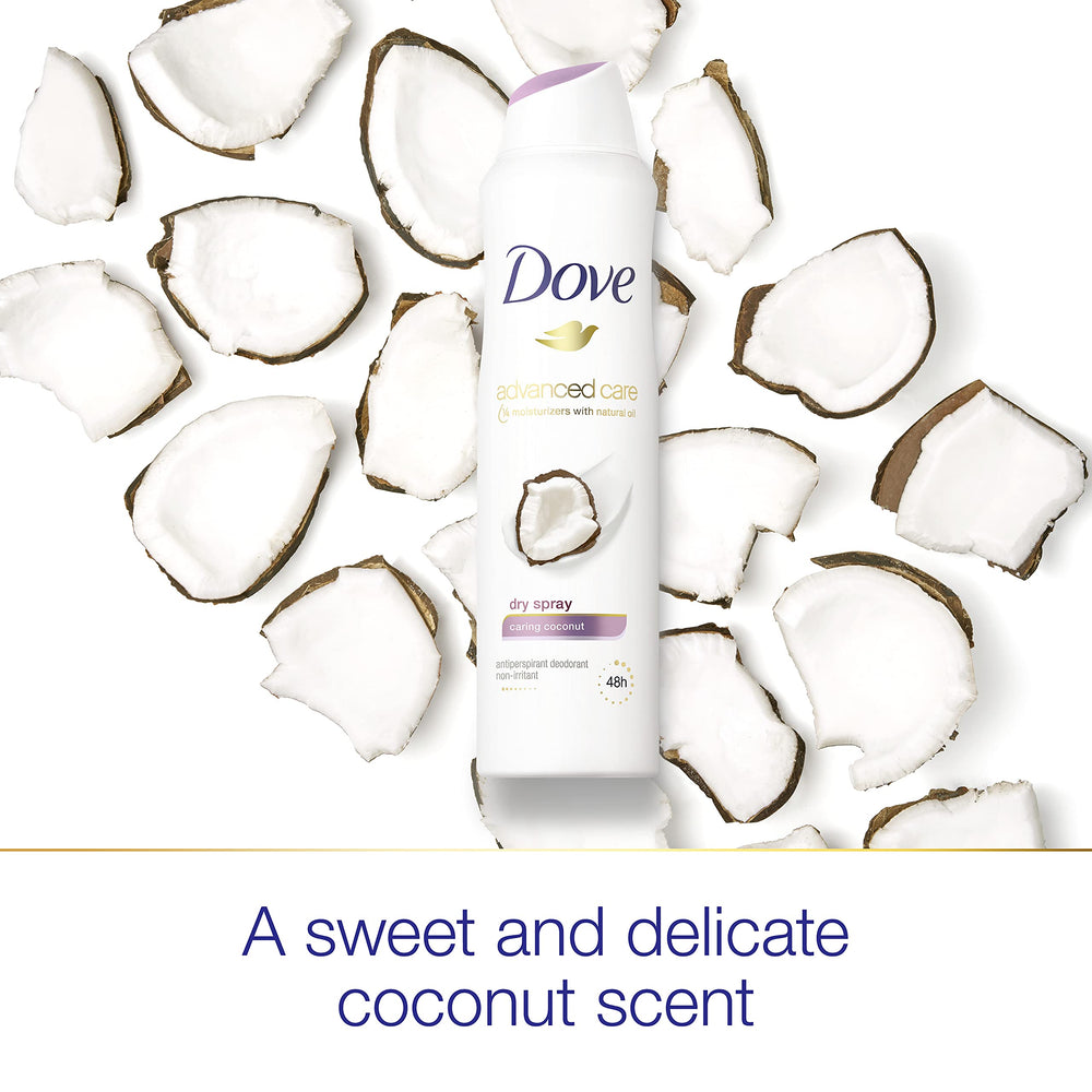 Dove Advanced Care Caring Coconut dry spray on dry skin for a soft feel