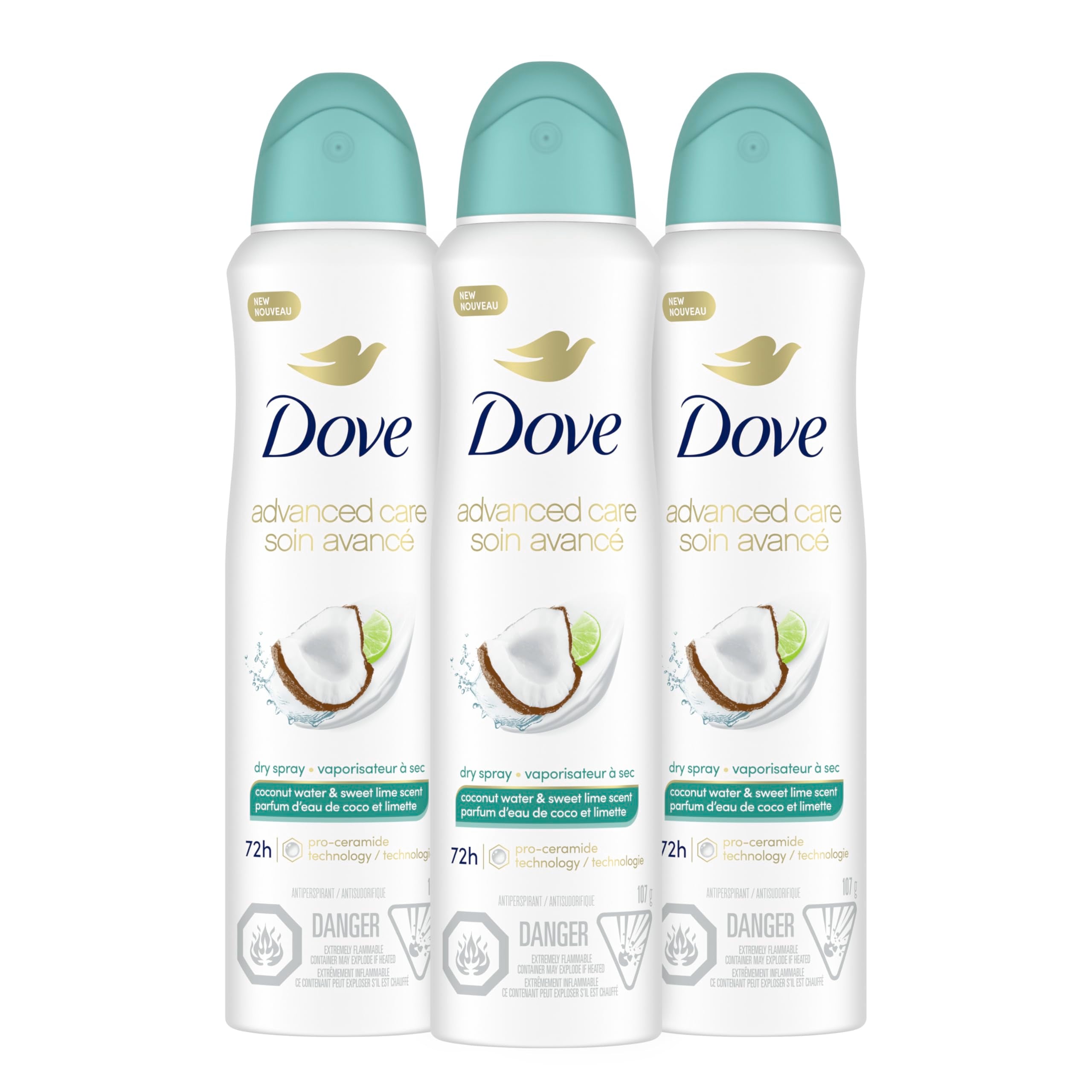 Dove Advanced Care Coconut Water & Lime dry spray packshot with long-lasting odor protection.