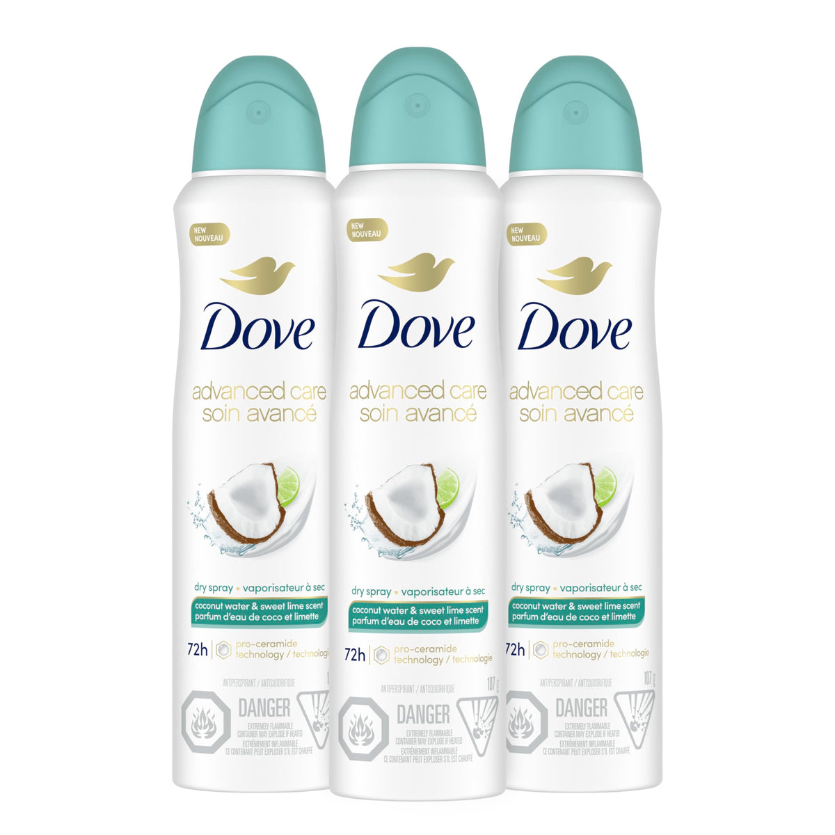 Dove Advanced Care Coconut Water & Lime dry spray packshot with long-lasting odor protection.