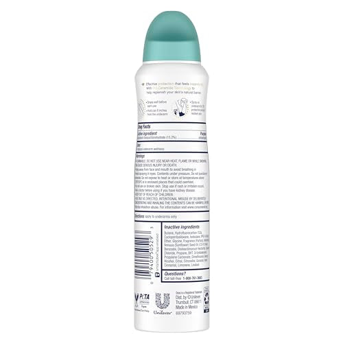 Dove Advanced Care Coconut Water & Lime dry spray underarm application showing quick-dry formula.