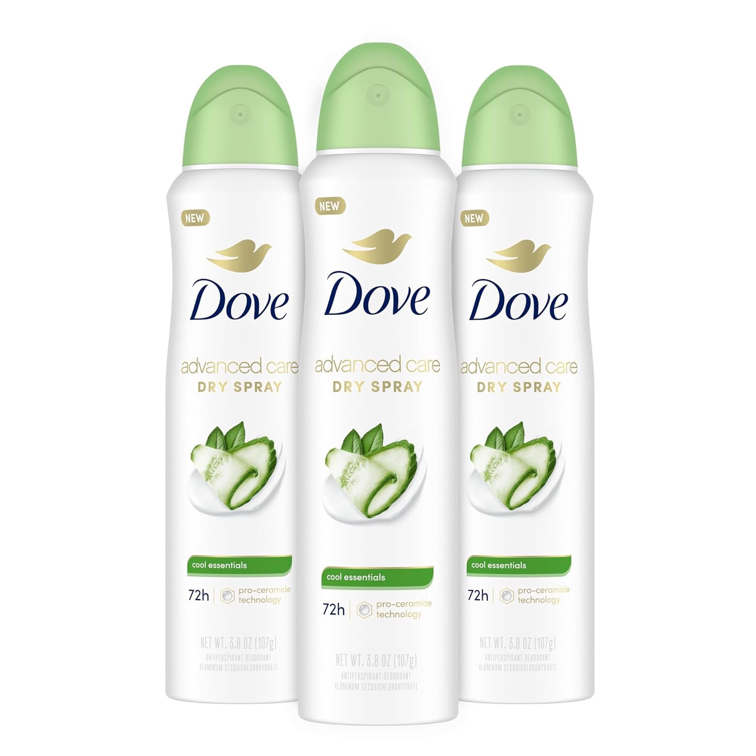 Dove Advanced Care Cool Essentials dry spray bottle delivers quick, refreshing protection.