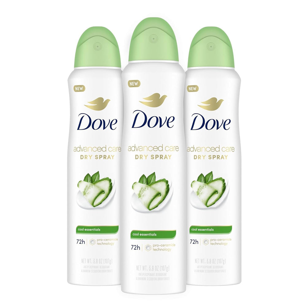 Dove Advanced Care Cool Essentials dry spray bottle delivers quick, refreshing protection.
