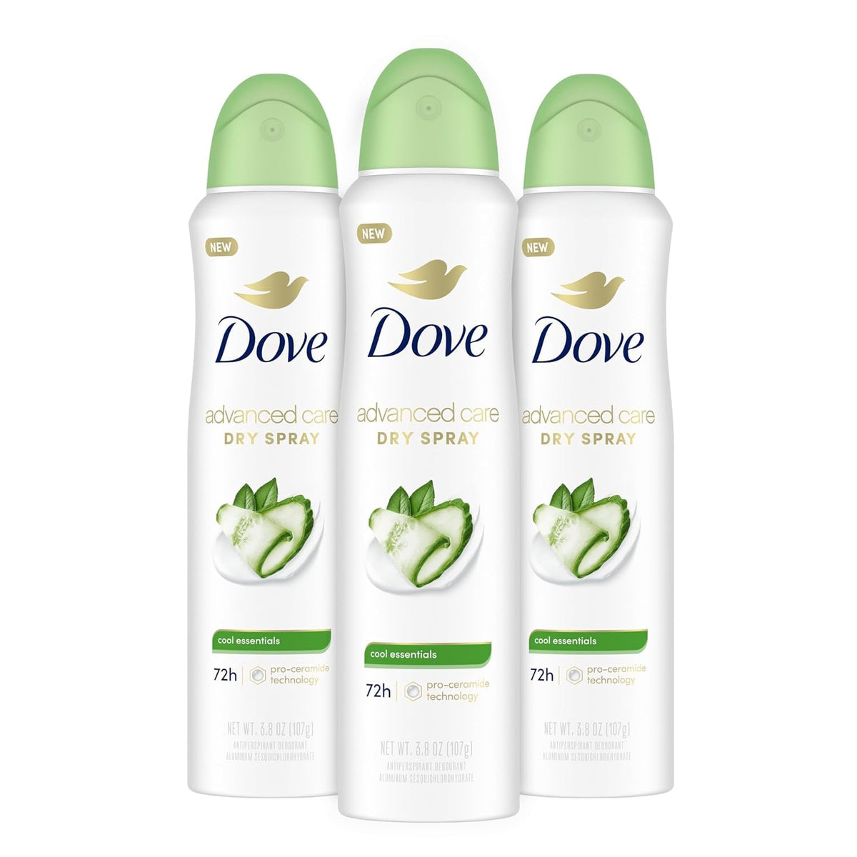 Dove Advanced Care Cool Essentials dry spray bottle delivers quick, refreshing protection.