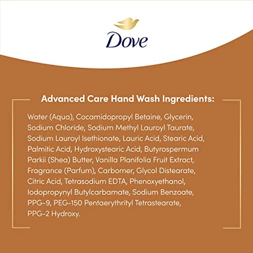 Dove Advanced Care Hand Wash dispense shot emphasizes quick cleansing with lasting moisture
