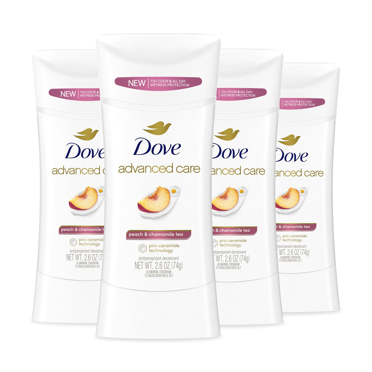 Dove Advanced Care peach chamomile stick application for smooth, comfortable underarms
