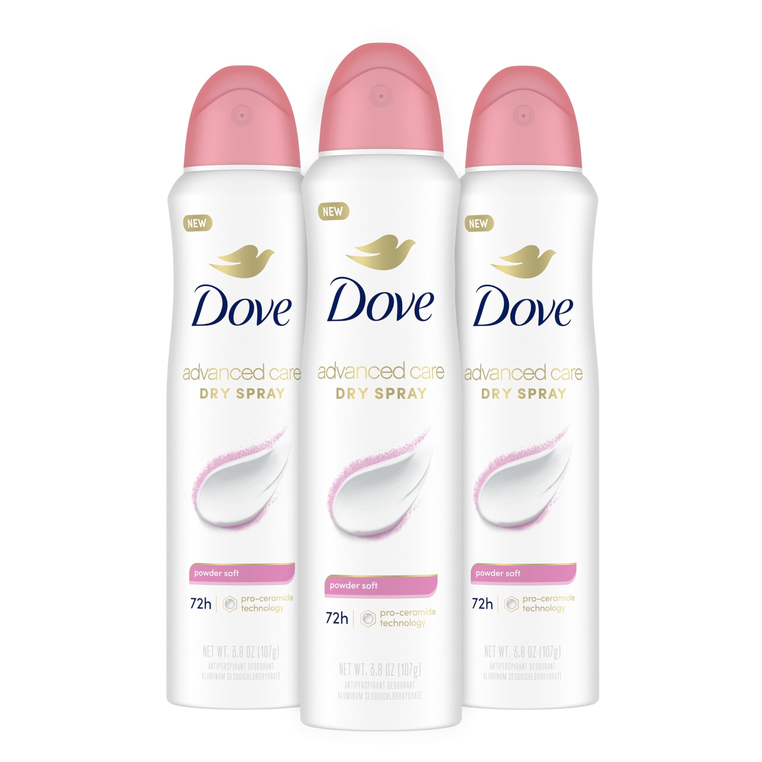 Dove Advanced Care Powder Soft Deodorant Spray application demonstrates fast-drying, long-lasting underarm protection.