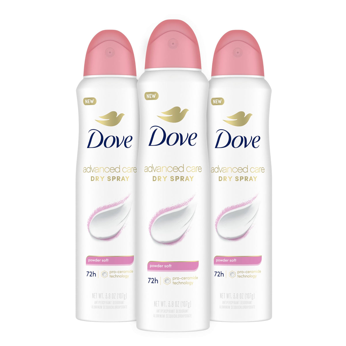 Dove Advanced Care Powder Soft Deodorant Spray application demonstrates fast-drying, long-lasting underarm protection.