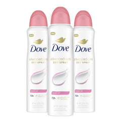Dove Advanced Care Powder Soft Deodorant Spray application demonstrates fast-drying, long-lasting underarm protection.
