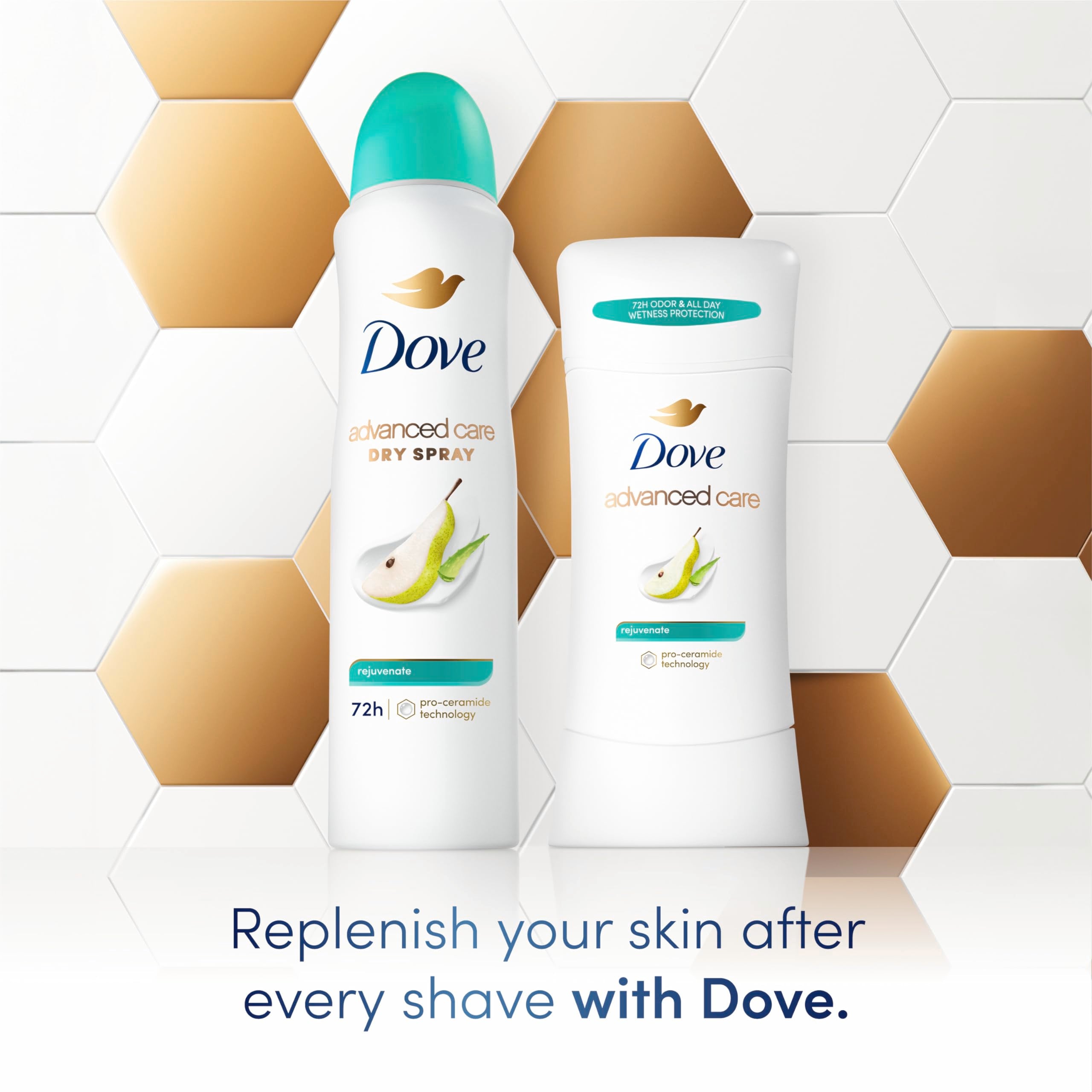 Dove Advanced Care Rejuvenate stick beside an alarm clock indicating all-day odor protection