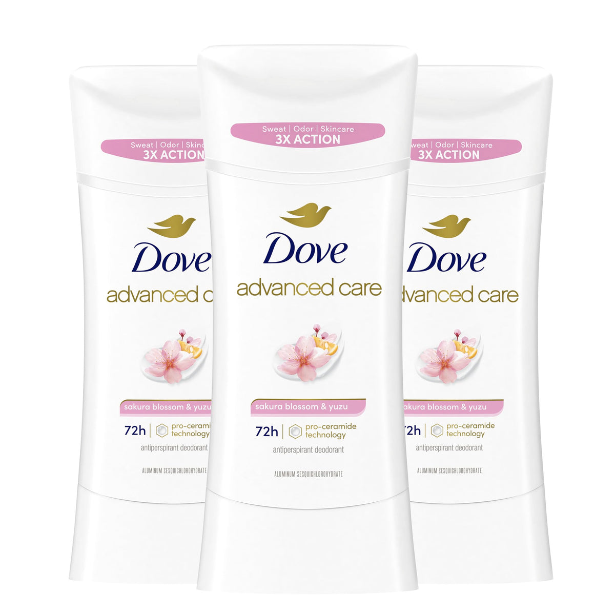 Dove Advanced Care Sakura Blossom and Yuzu deodorant stick ready for application, delivering soft underarms.