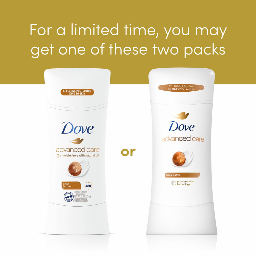 Dove Advanced Care Shea Butter stick packaging shown for on-the-go use