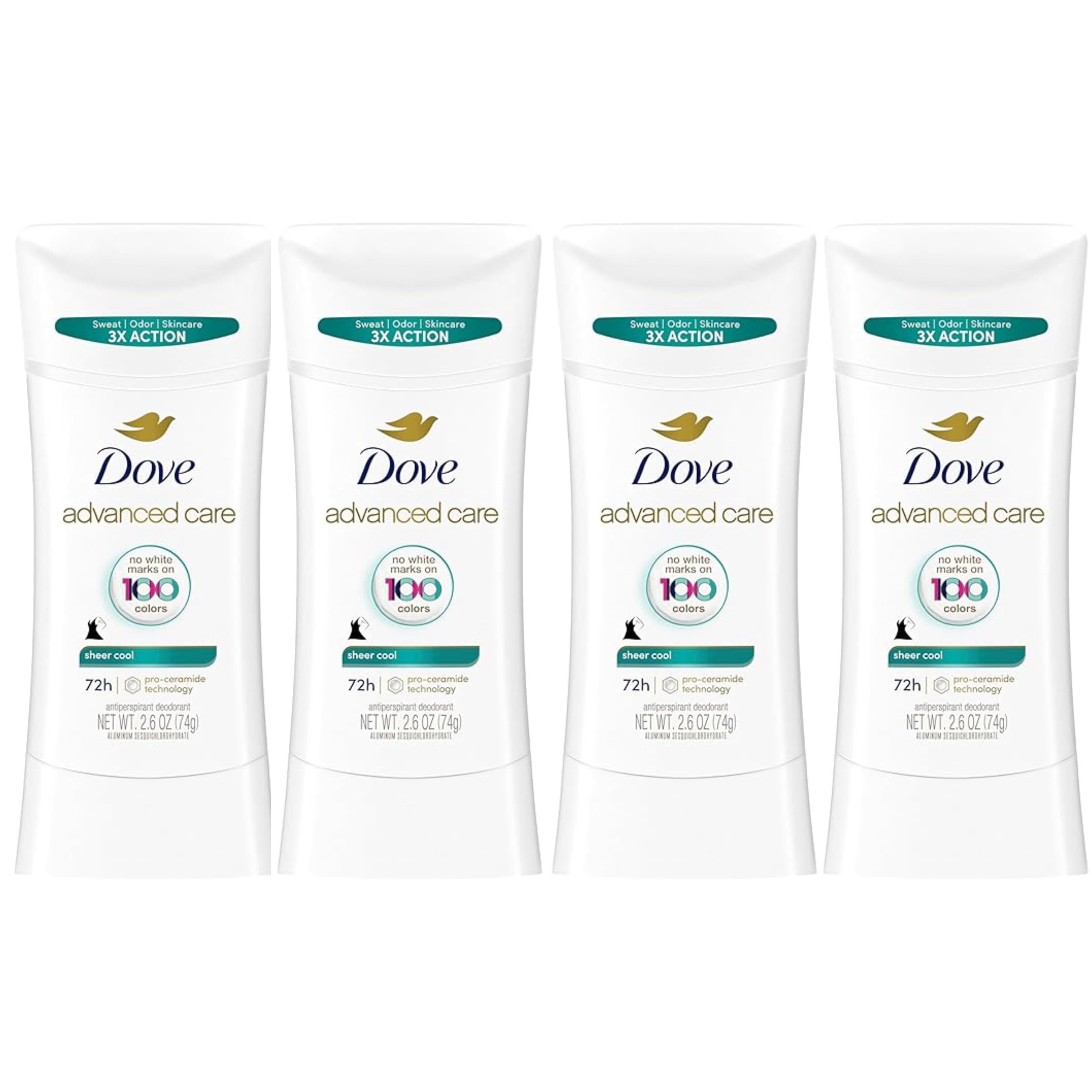 Dove Advanced Care Sheer Cool antiperspirant stick application for all-day freshness and gentle protection.