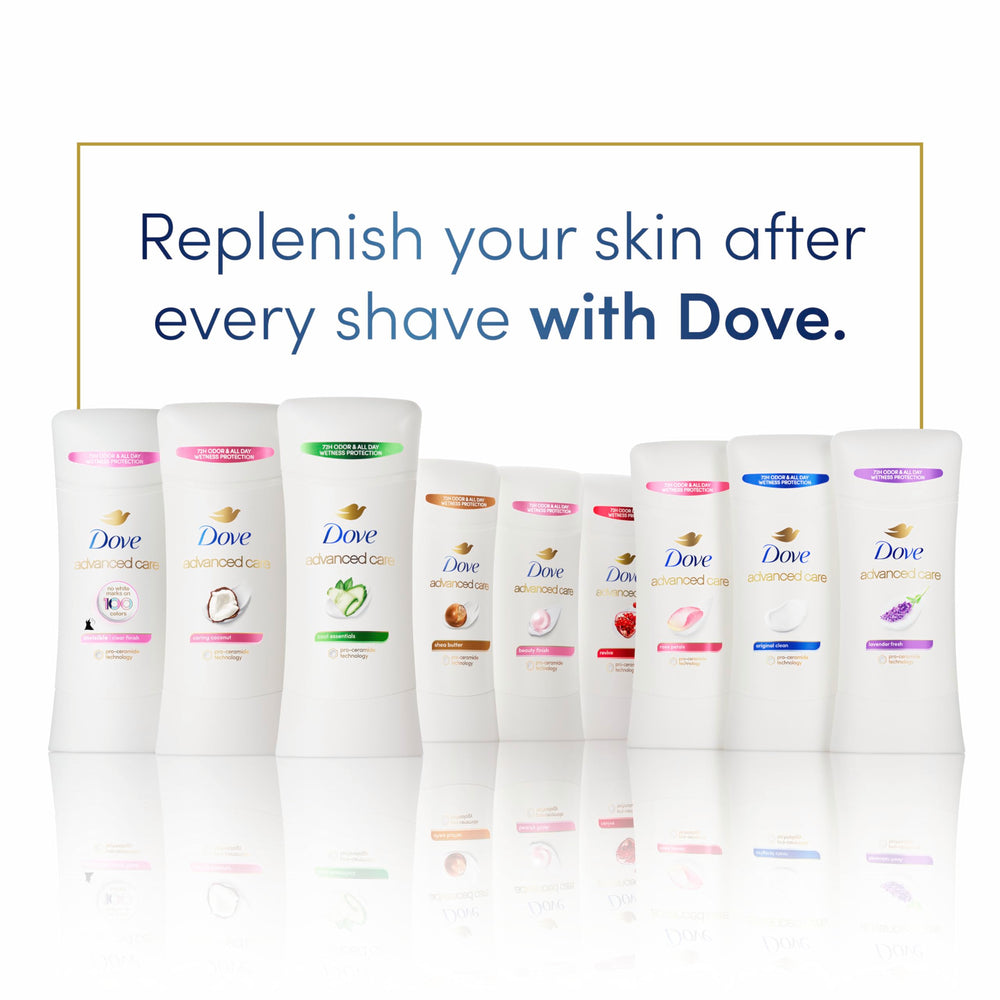 Dove Advanced Care packaging emphasizes gentle care for sensitive underarm skin.