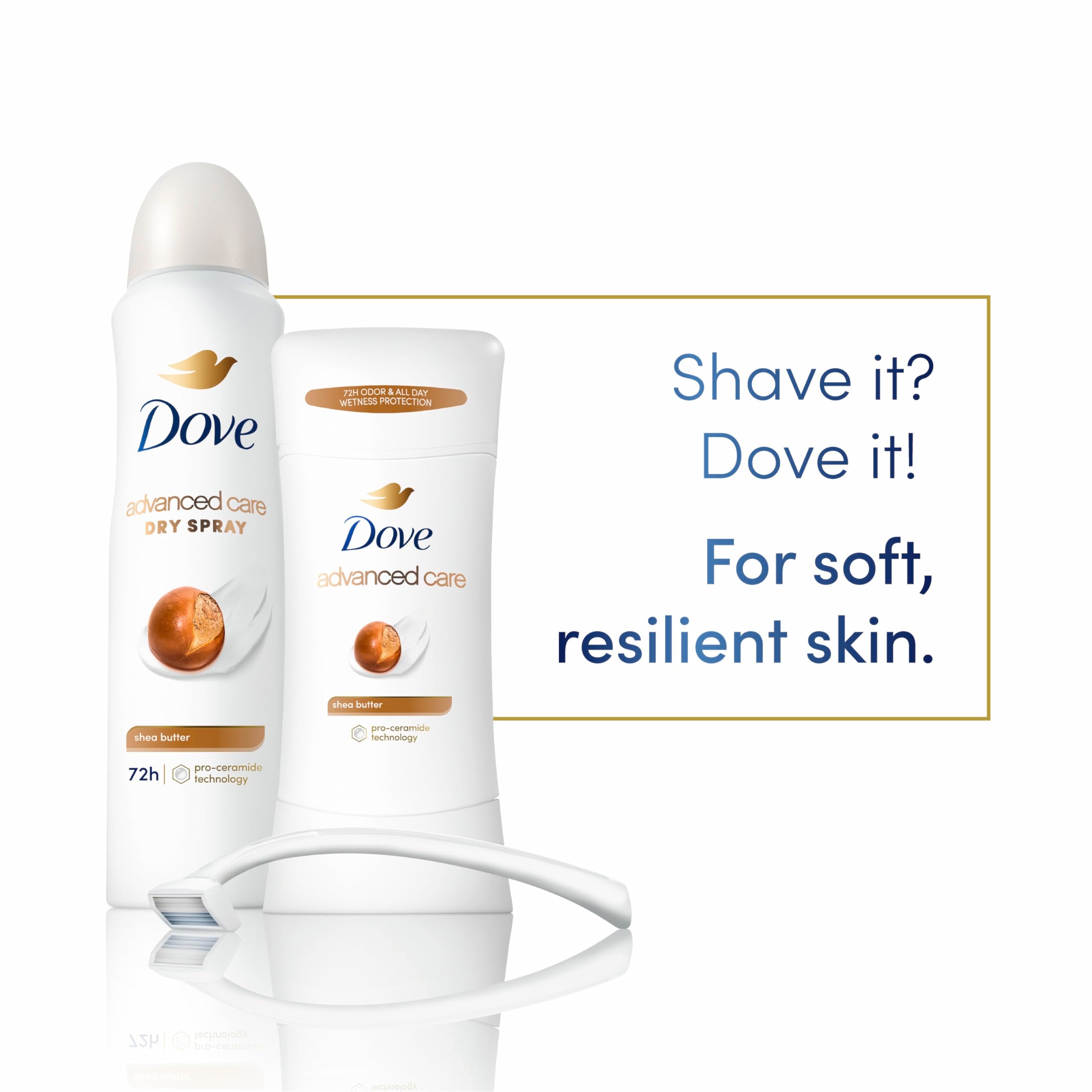 Dove Advanced Care underarm application closeup emphasizing quick-dry, long-lasting protection