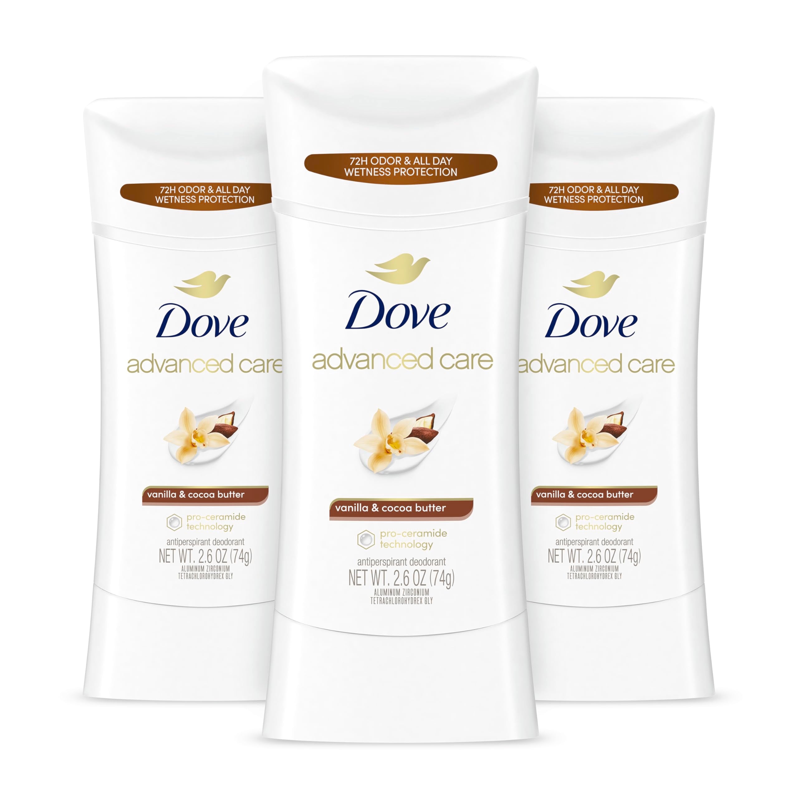 Dove Advanced Care Vanilla & Cocoa Butter stick viewed front, delivering all-day protection and soft underarms.