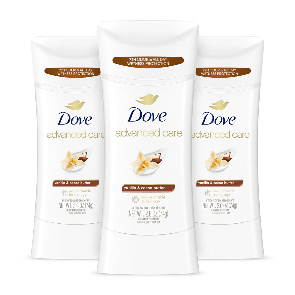 Dove Advanced Care Vanilla & Cocoa Butter stick viewed front, delivering all-day protection and soft underarms.