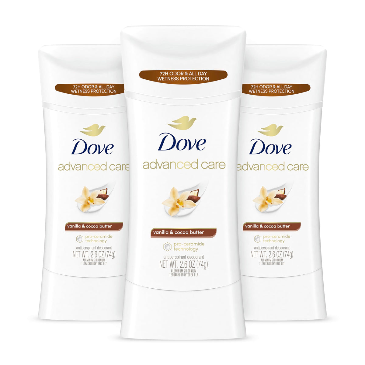 Dove Advanced Care Vanilla & Cocoa Butter stick viewed front, delivering all-day protection and soft underarms.