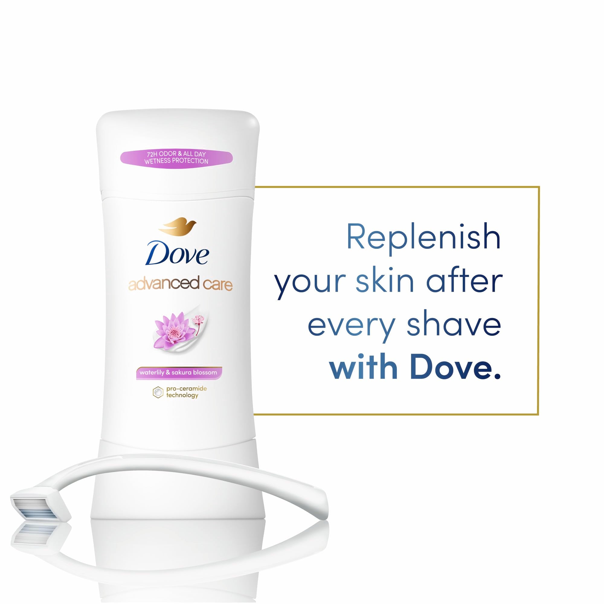 Dove Advanced Care Waterlily & Sakura Blossom 3ct packaging shot for convenient daily use