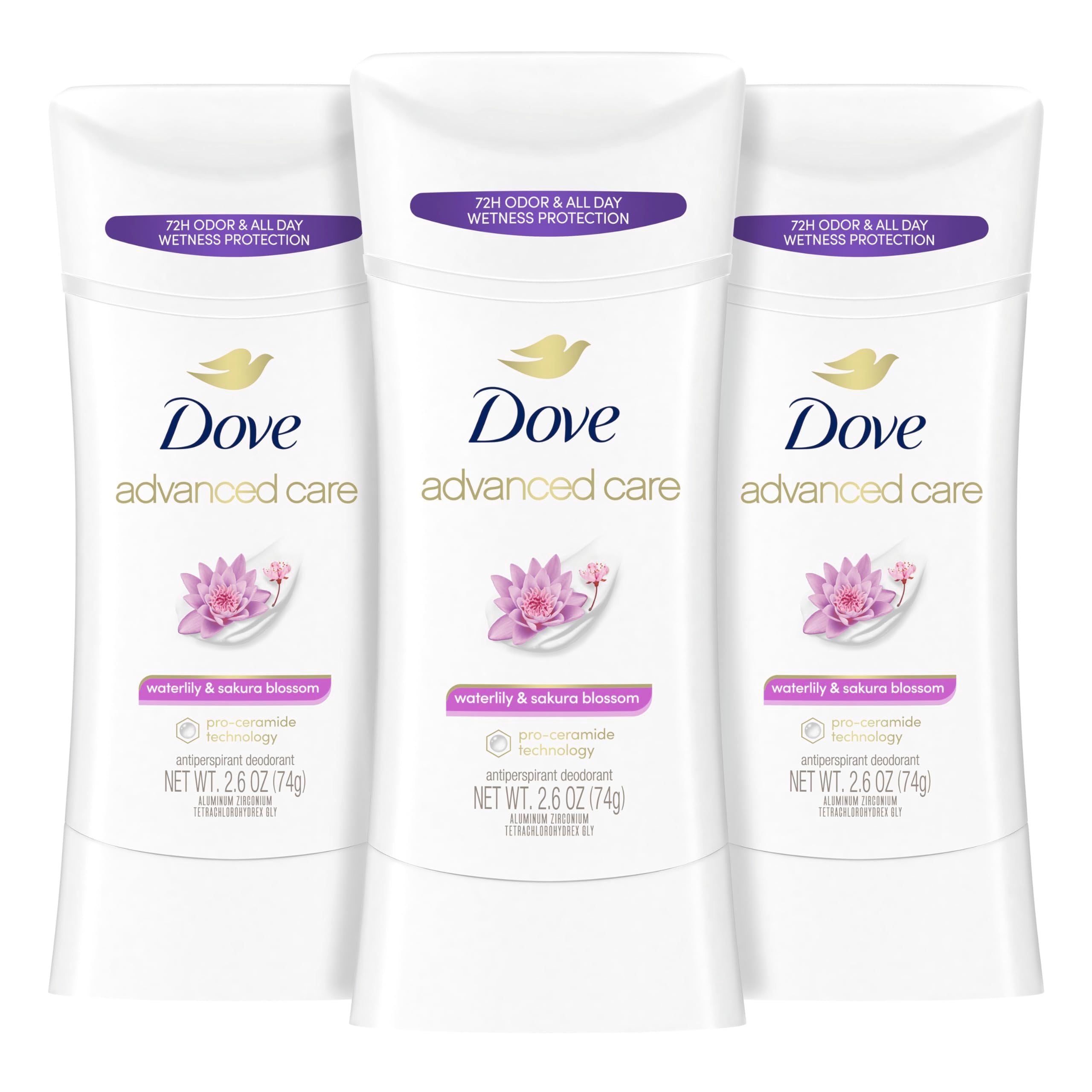 Dove Advanced Care Waterlily & Sakura Blossom stick applying smoothly for daily underarm care