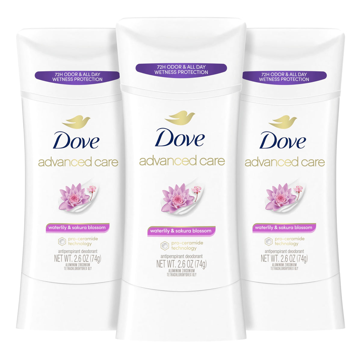 Dove Advanced Care Waterlily & Sakura Blossom stick applying smoothly for daily underarm care