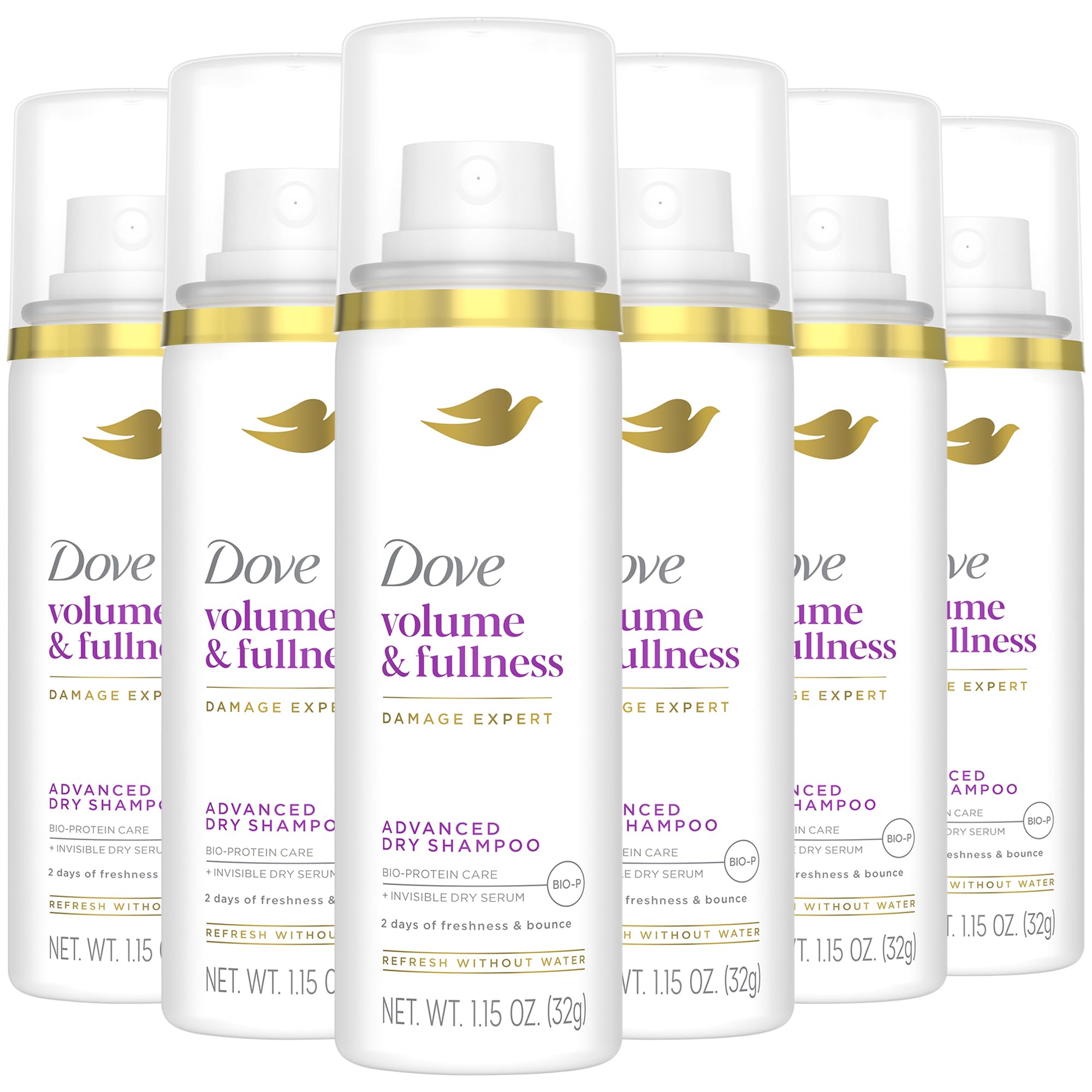 Dove Advanced Dry Shampoo travel-size bottle six-pack delivers refreshed roots and volume.