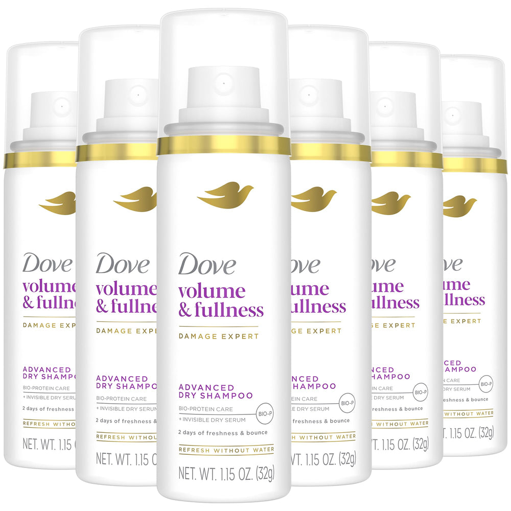 Dove Advanced Dry Shampoo travel-size bottle six-pack delivers refreshed roots and volume.