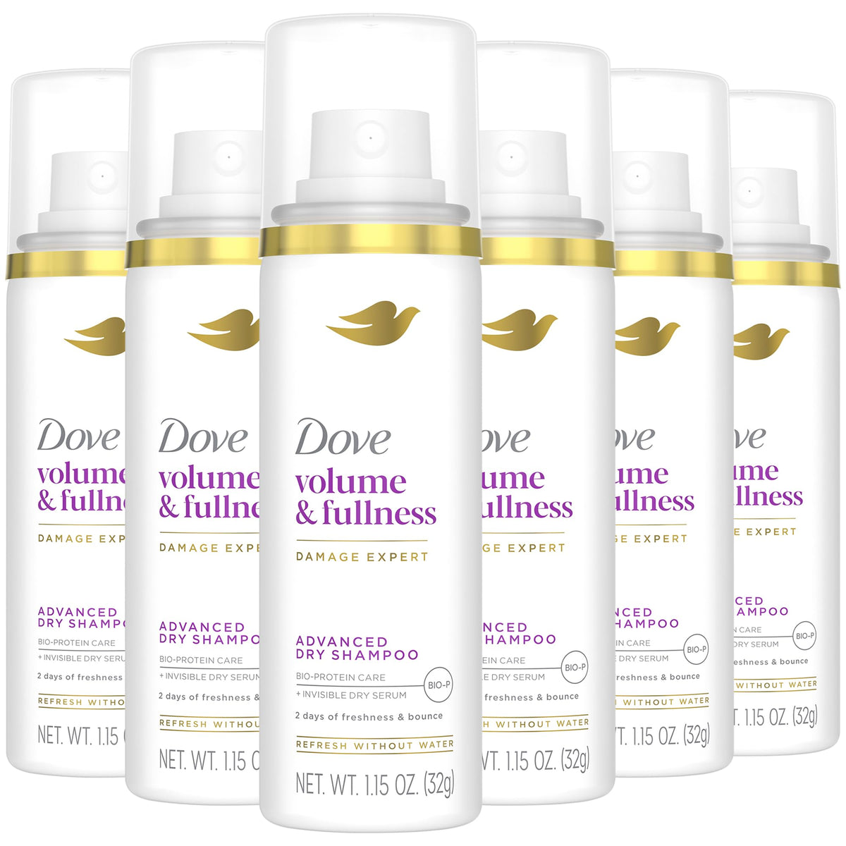 Dove Advanced Dry Shampoo travel-size bottle six-pack delivers refreshed roots and volume.