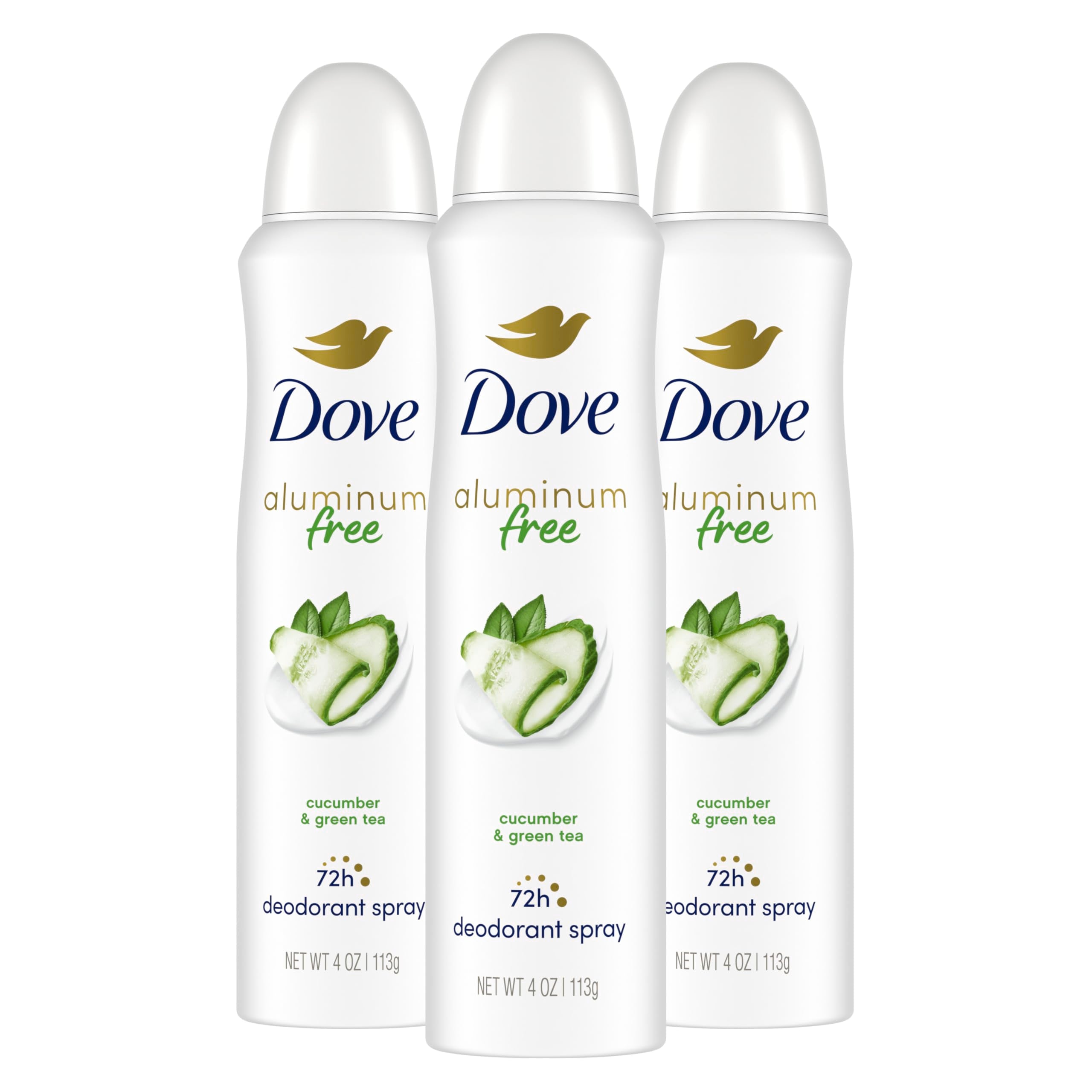 Dove aluminum-free deodorant spray bottle applying for all-day freshness.