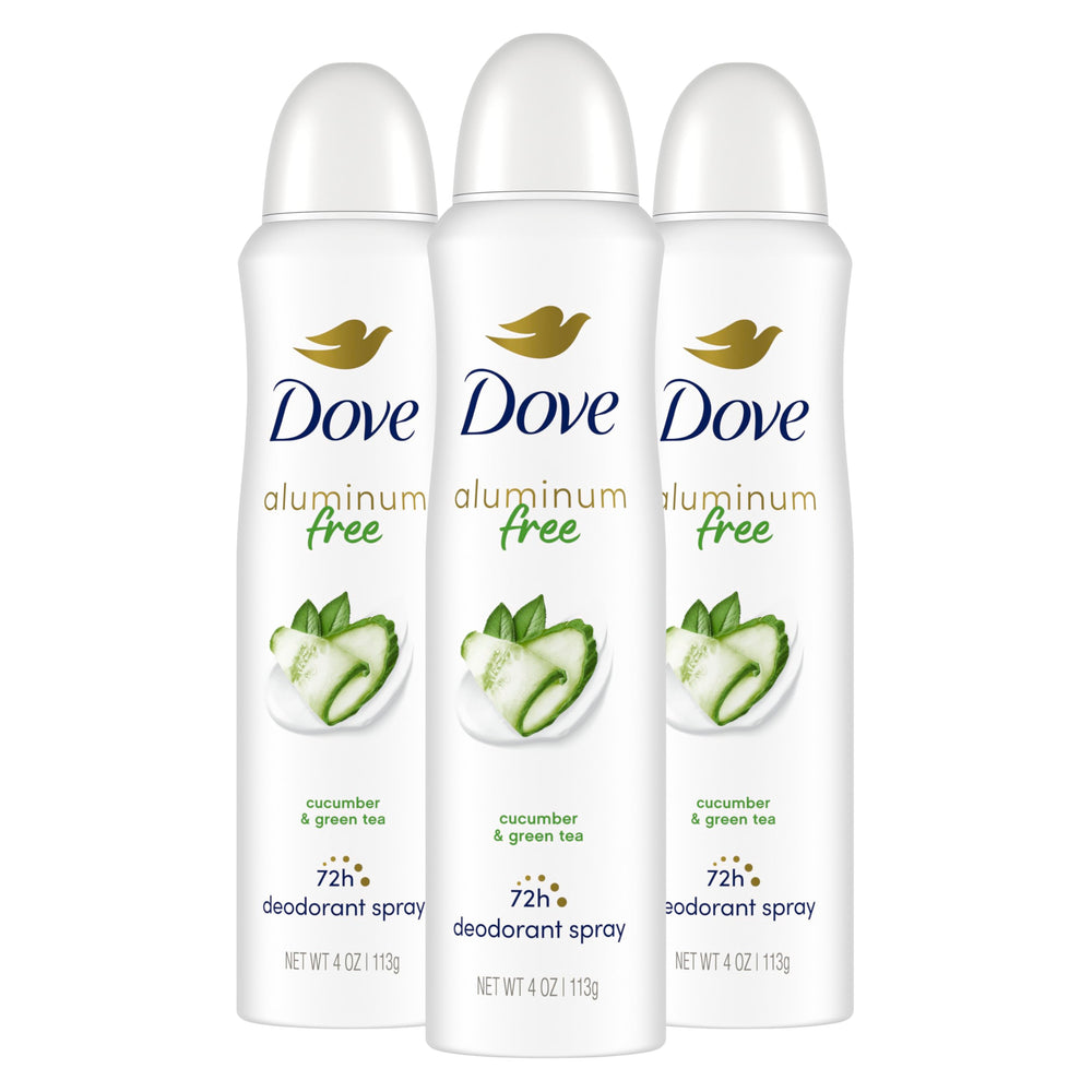 Dove aluminum-free deodorant spray bottle applying for all-day freshness.