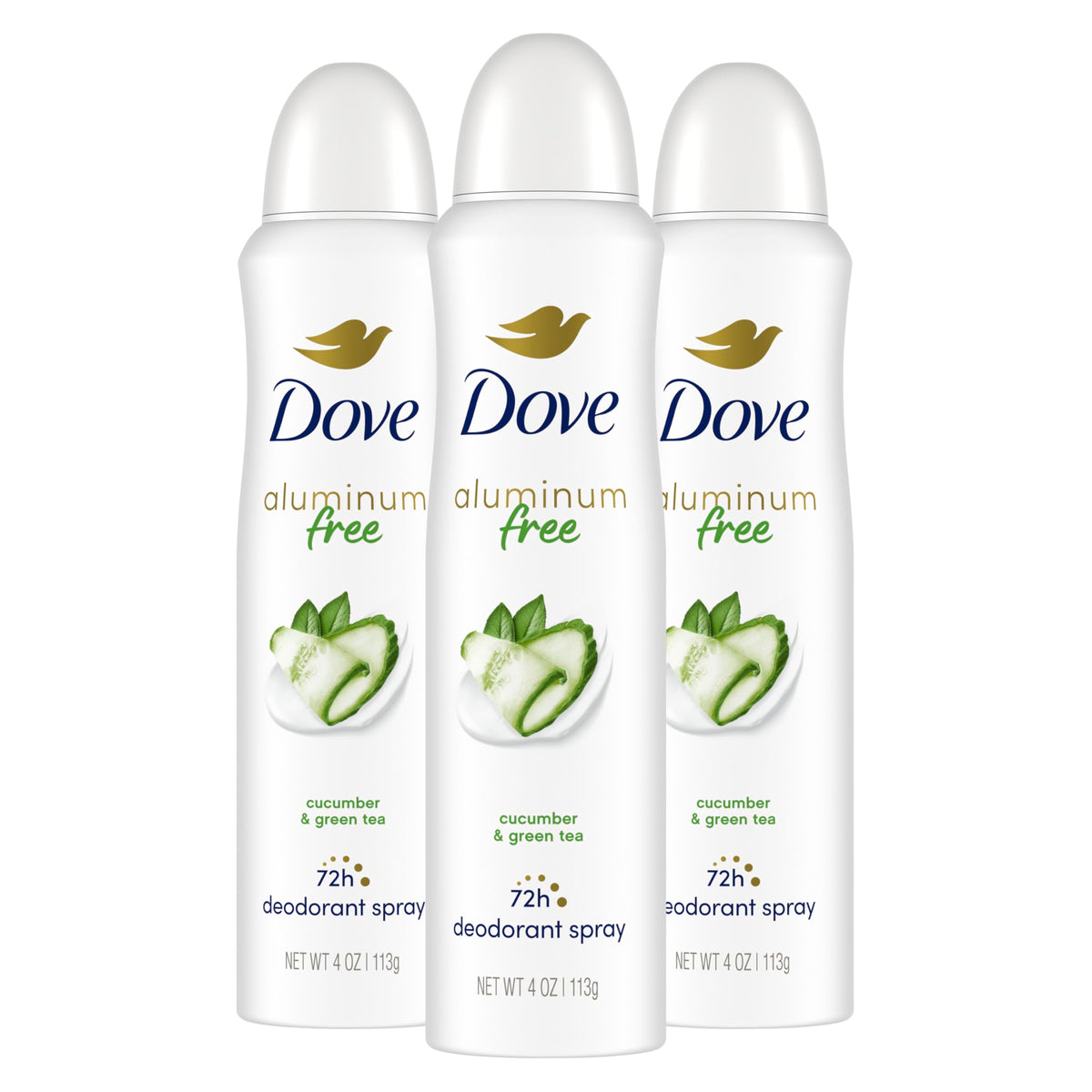 Dove aluminum-free deodorant spray bottle applying for all-day freshness.