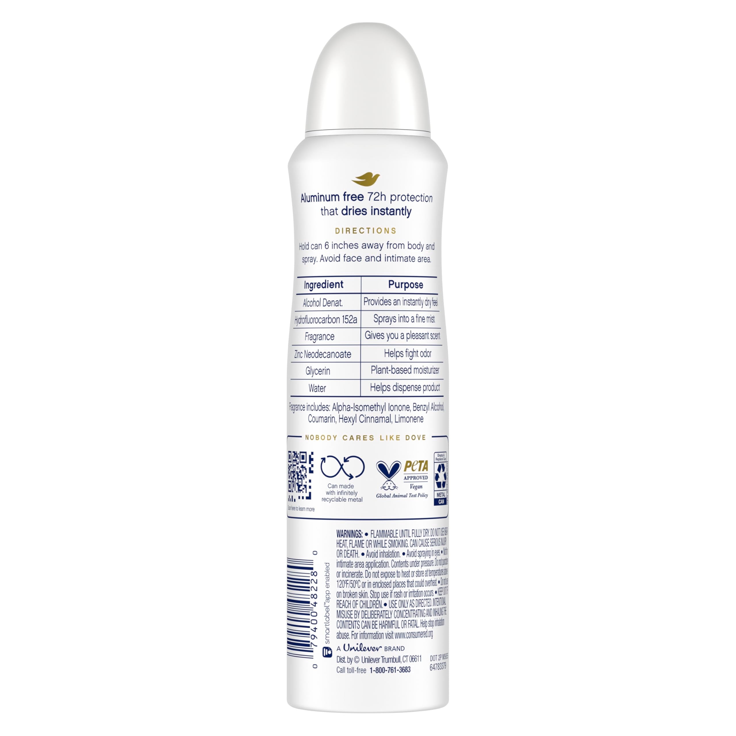 Dove deodorant spray nozzle demonstrated for easy, quick-dry use.