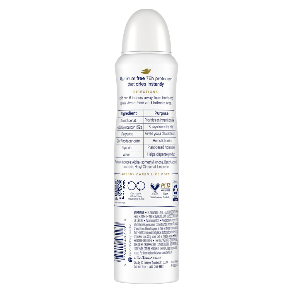 Dove deodorant spray nozzle demonstrated for easy, quick-dry use.