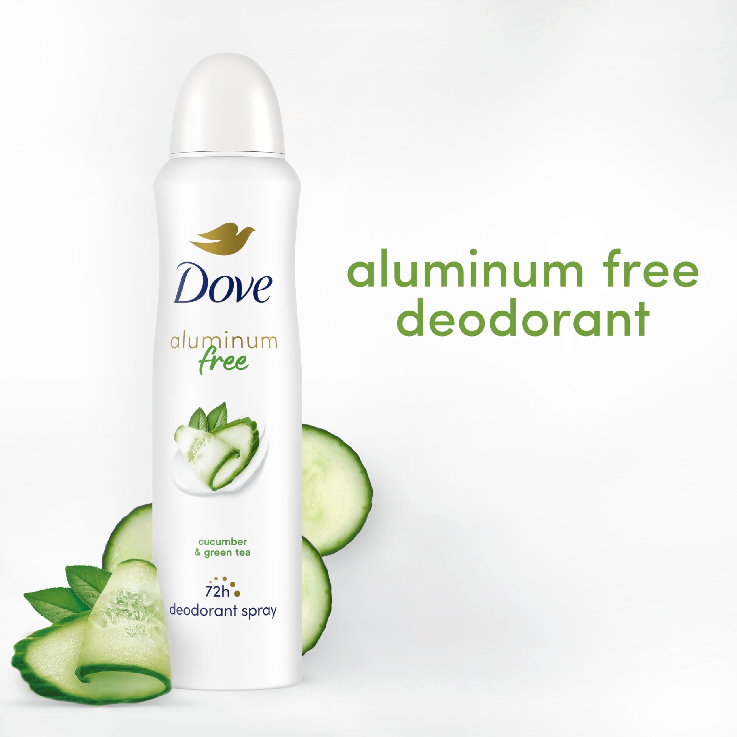 Dove aluminum-free deodorant spray packaging shows a 3-count supply.