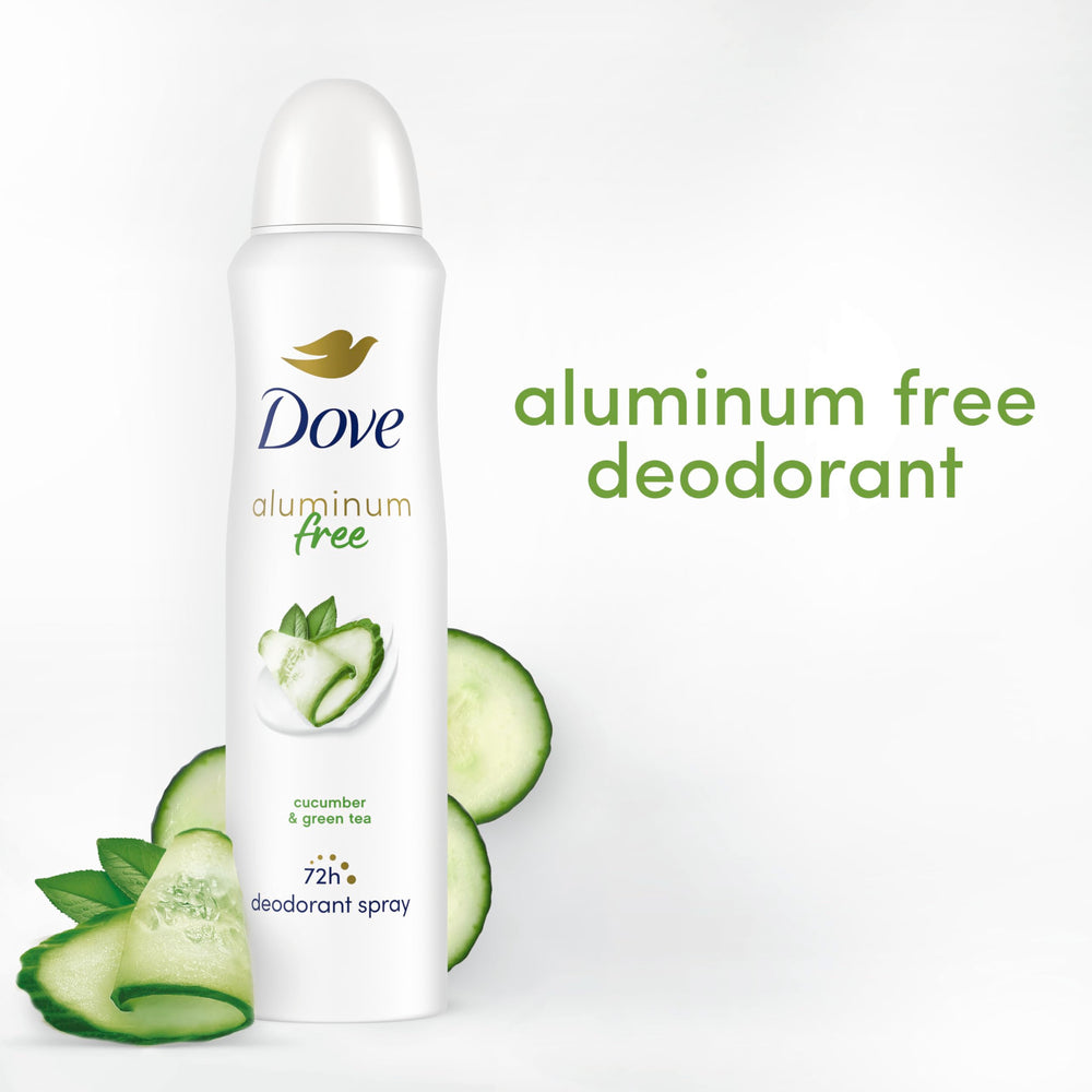 Dove aluminum-free deodorant spray packaging shows a 3-count supply.