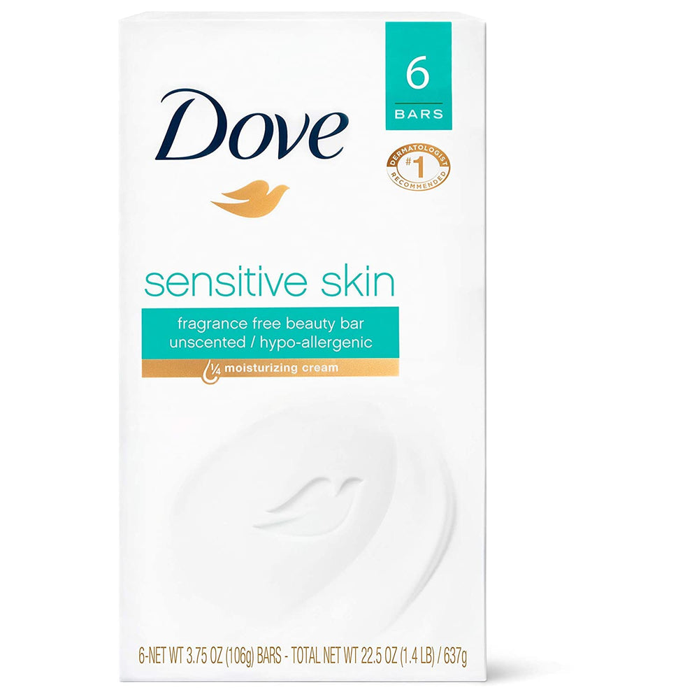 Dove bath bars sensitive unscented packaging image showing gentle cleansing for sensitive skin