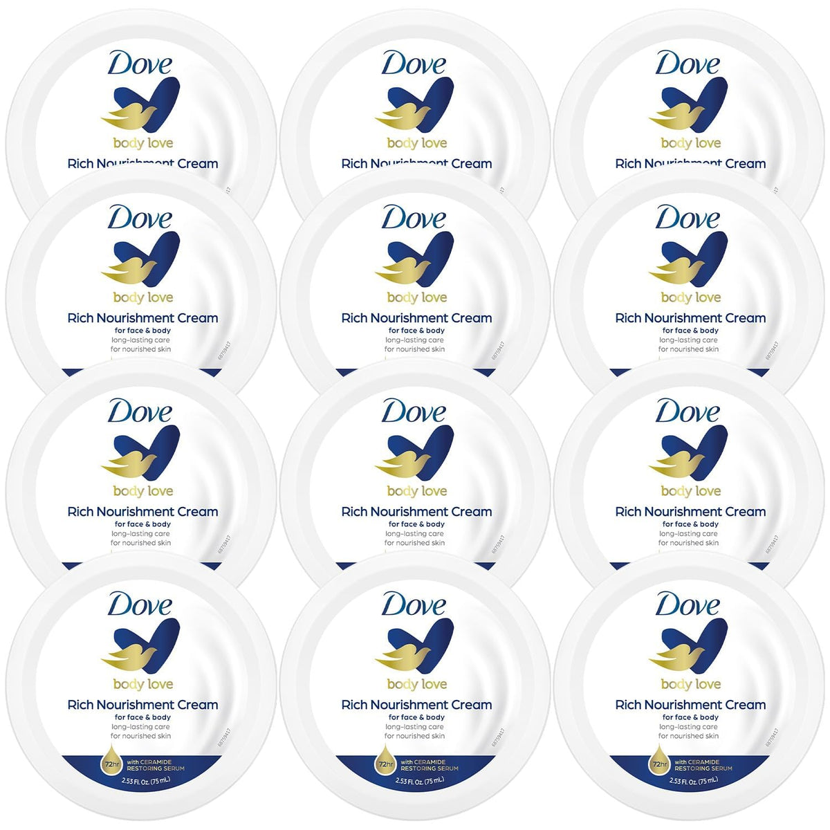 Dove Body Love Rich Nourishment Cream jar close-up highlights intense hydration.