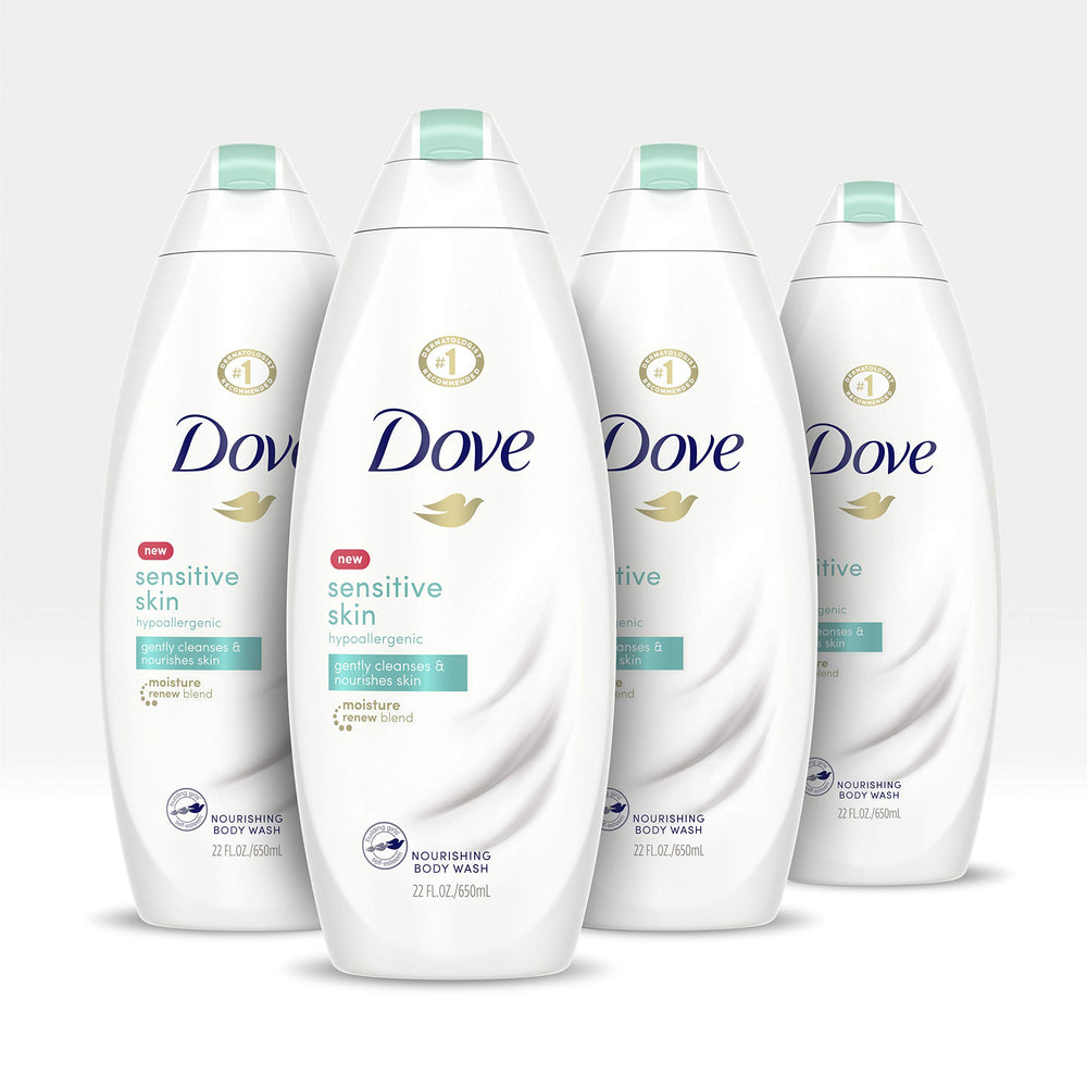 Dove Body Wash bottle pump shows easy, gentle cleansing for sensitive skin.